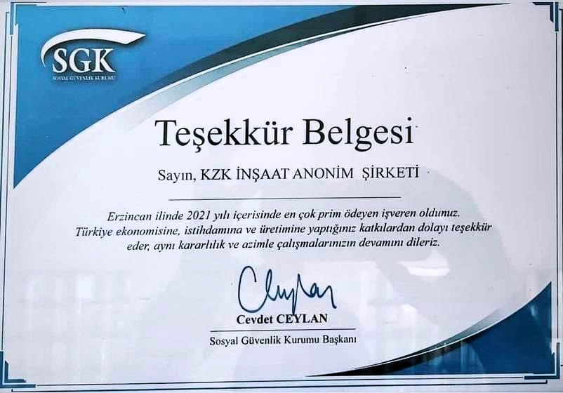 KZK İNŞAAT A.Ş , Sosyal Güvenlik Kurumu (SGK) tarafından hazırlanan Erzincan’da En Yüksek Prim Ödeyen İşverenler' sıralamasında 2021 yılında birinci oldu.